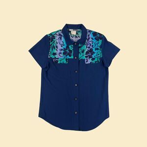 80s/90s blue floral blouse by CM shapes, vintage S to M womens casual shirt